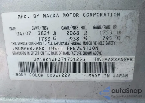 2007 Mazda Mazda3 I Sport z USA, uszkodzony, nr VIN JM1BK12F371751253